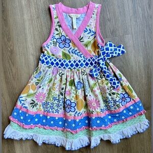 Matilda Jane Floral Flower Faux Wrap Dress Yellow Sleeveless Front Tie, Size 4